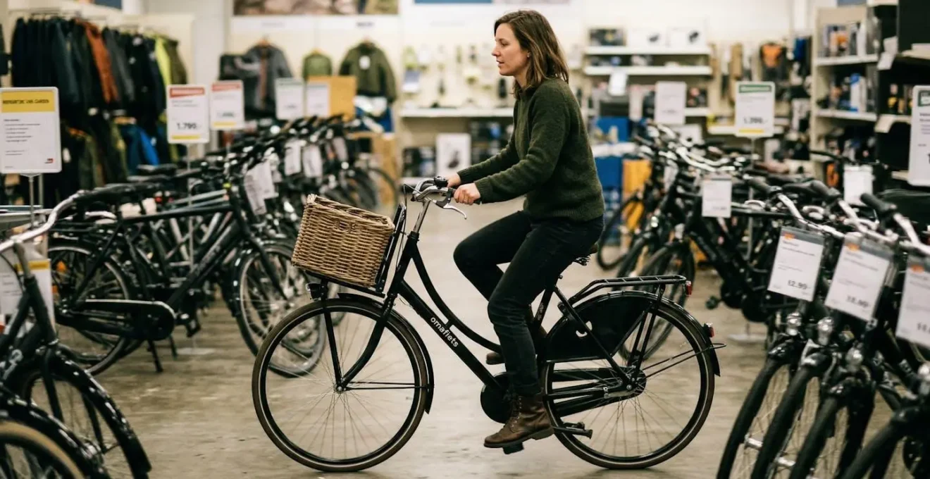 Une femme essaie un vélo hollandais dans une allée de magasin, vue de profil, expression concentrée, environnement de boutique visible