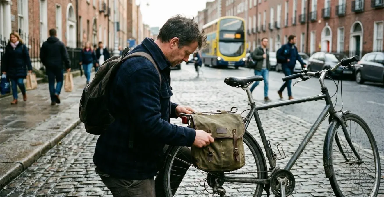 Un cycliste urbain vu de trois-quarts arrière installe une sacoche sur son porte-bagages dans une rue pavée, lumière matinale naturelle