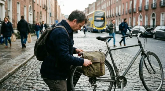 Un cycliste urbain vu de trois-quarts arrière installe une sacoche sur son porte-bagages dans une rue pavée, lumière matinale naturelle
