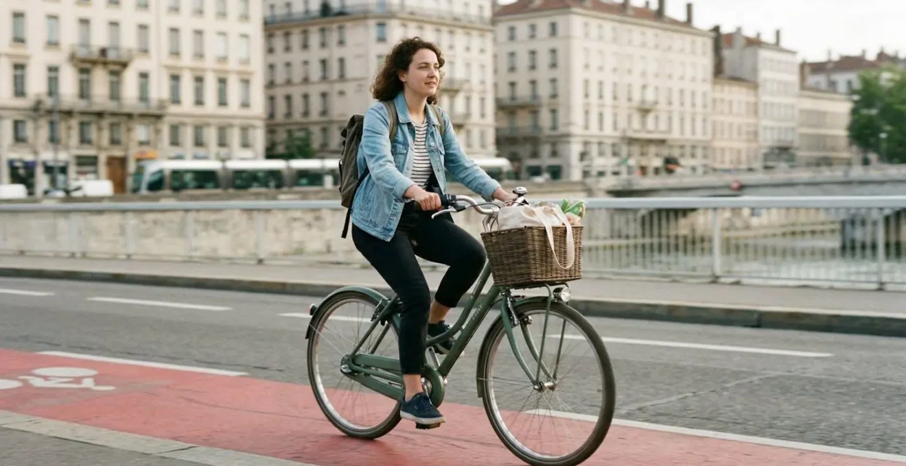 Un cycliste en tenue de ville pédale sur une piste cyclable urbaine, vélo hollandais avec panier visible, bâtiments lyonnais flous en arrière-plan