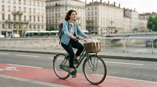 Un cycliste en tenue de ville pédale sur une piste cyclable urbaine, vélo hollandais avec panier visible, bâtiments lyonnais flous en arrière-plan