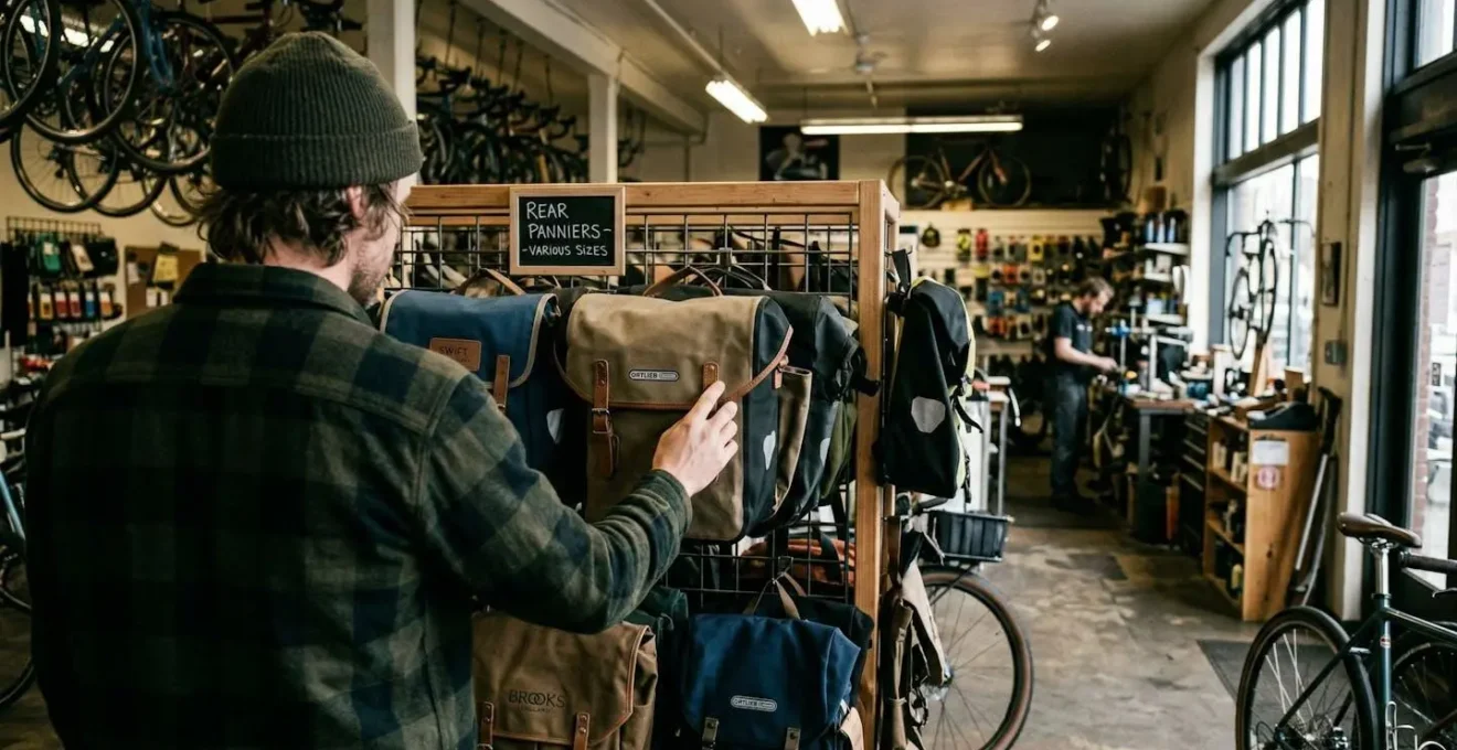 Intérieur de boutique vélo avec présentoir de sacoches diverses, client de dos consultant les produits, éclairage mixte naturel et artificiel