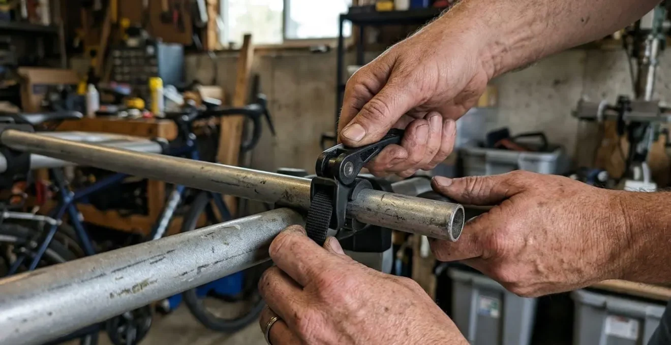 Gros plan sur des mains ajustant un système de fixation rapide sur les tubes d'un porte-bagages vélo, arrière-plan flou de garage
