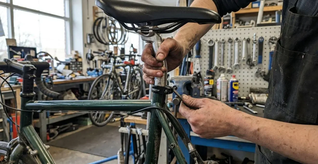 Les mains d'un vendeur ajustent la hauteur de selle d'un vélo de ville dans un atelier, cadre du vélo partiellement visible