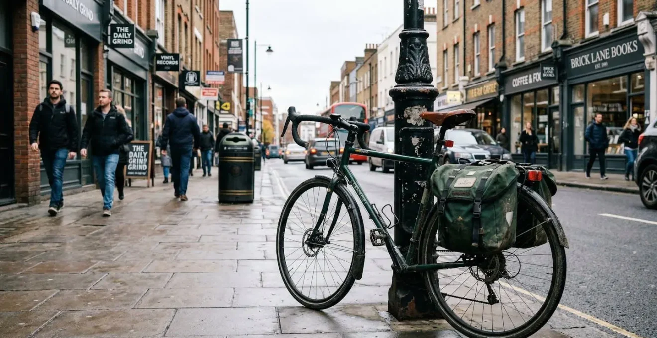 Vélo urbain stationné dans une rue commerçante avec sacoche double visible sur le porte-bagages, contenu partiellement visible